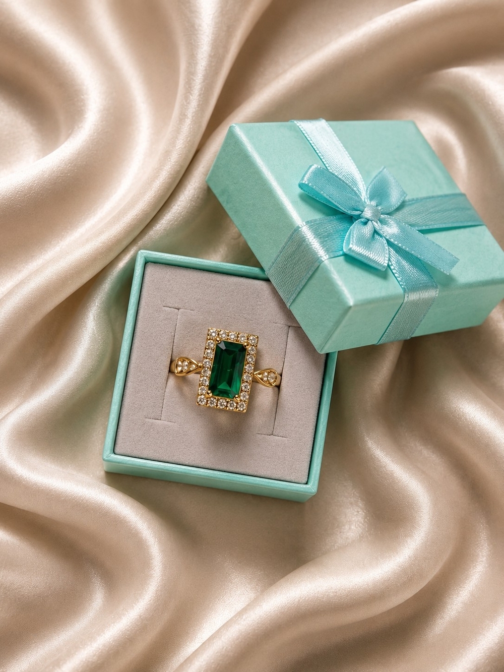 Gold Ring with Emerald Green Center Stone and Halo